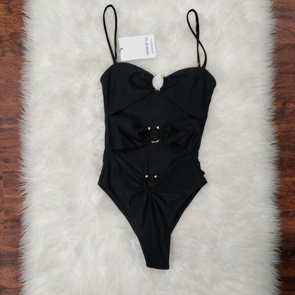 Swim by DI Black Cut-Out One-Piece Swimsuit With Rings & Adjustable Straps M - Picture 2 of 13